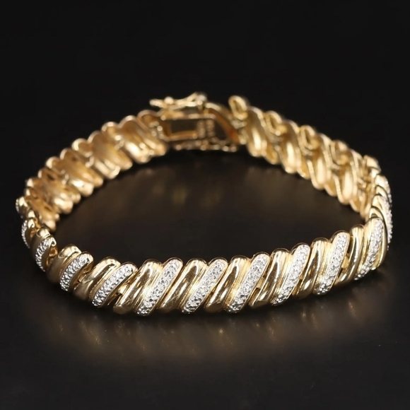 Ross-Simons Jewelry - Sterling Silver ROSS SIMONS Diamond Ribbed 7.5" Gold Tennis Designer Bracelet